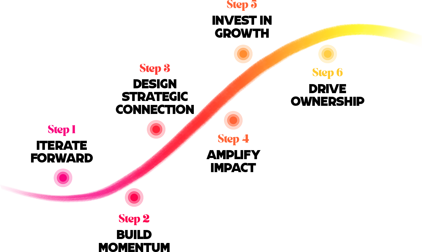 Step 1 Iterate Forward Step 2 Build Momentum Step 3 Design Strategic Connection Step 4 Amplify Impact Step 5 Invest in Growth Step 6 Drive Ownership